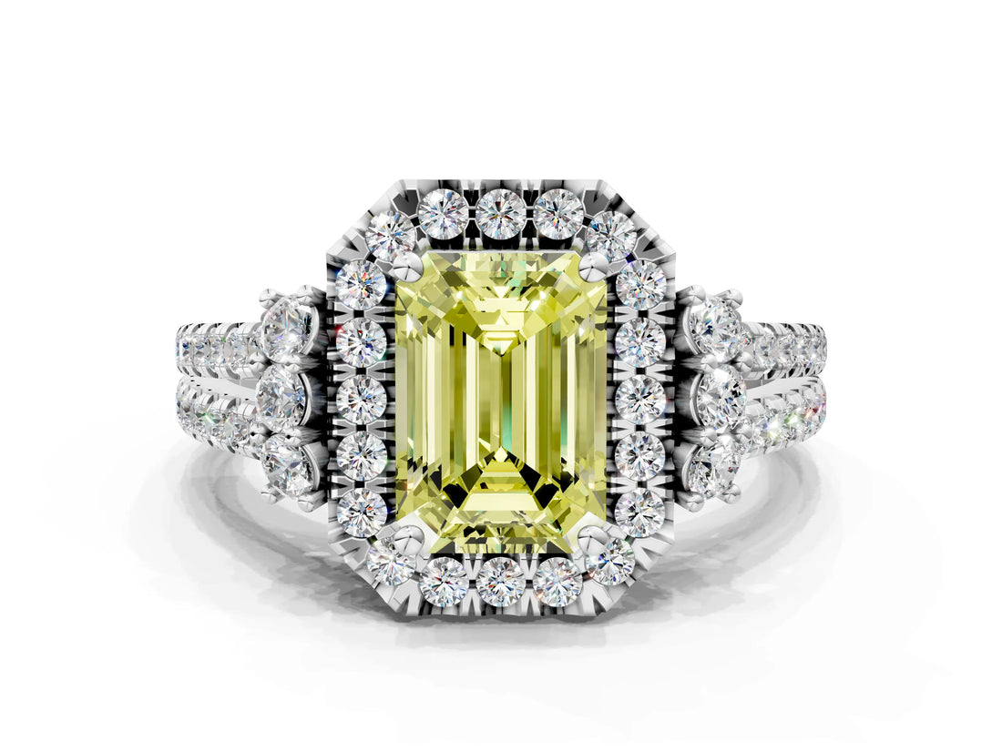 White gold Fancy Yellow Emerald  Cut Double Halo Diamond Engagement Ring with Pave Band and Four-Prong Setting_71