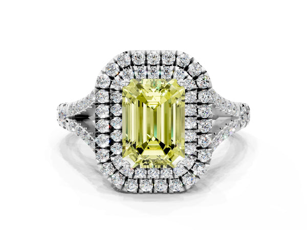 Platinum Fancy Yellow Emerald  Cut Double Halo Split Shank Diamond Ring with Prong Setting