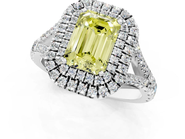 Platinum Fancy Yellow Emerald  Cut Double Halo Split Shank Diamond Ring with Prong Setting