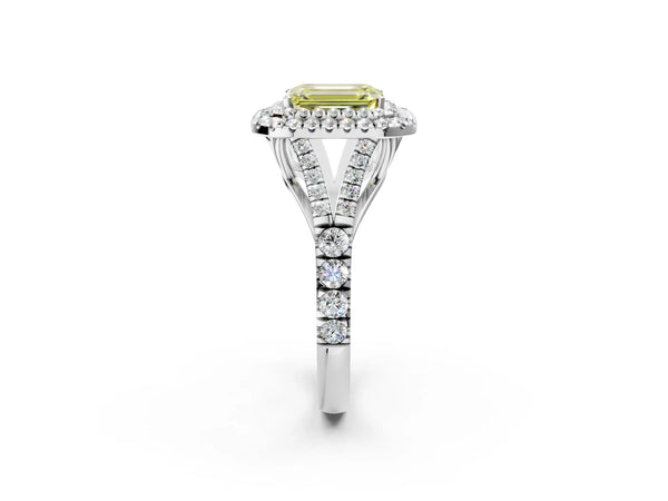 Platinum Fancy Yellow Emerald  Cut Double Halo Split Shank Diamond Ring with Prong Setting
