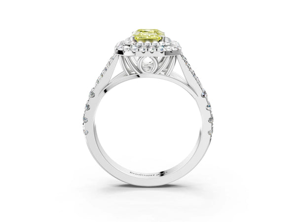 Platinum Fancy Yellow Emerald  Cut Double Halo Split Shank Diamond Ring with Prong Setting
