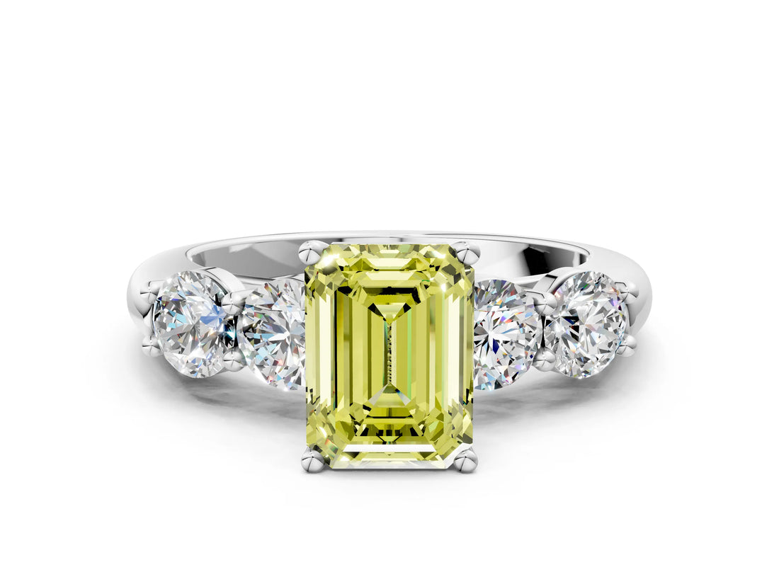 White gold Fancy Yellow Emerald  Cut Five-Stone Prong Set Diamond Ring with Classic Band_32