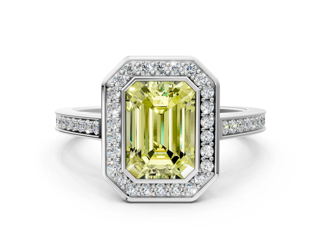 White gold Fancy Yellow Emerald Cut Halo Bezel Diamond Pave Band Ring