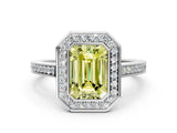 White gold Fancy Yellow Emerald Cut Halo Bezel Diamond Pave Band Ring