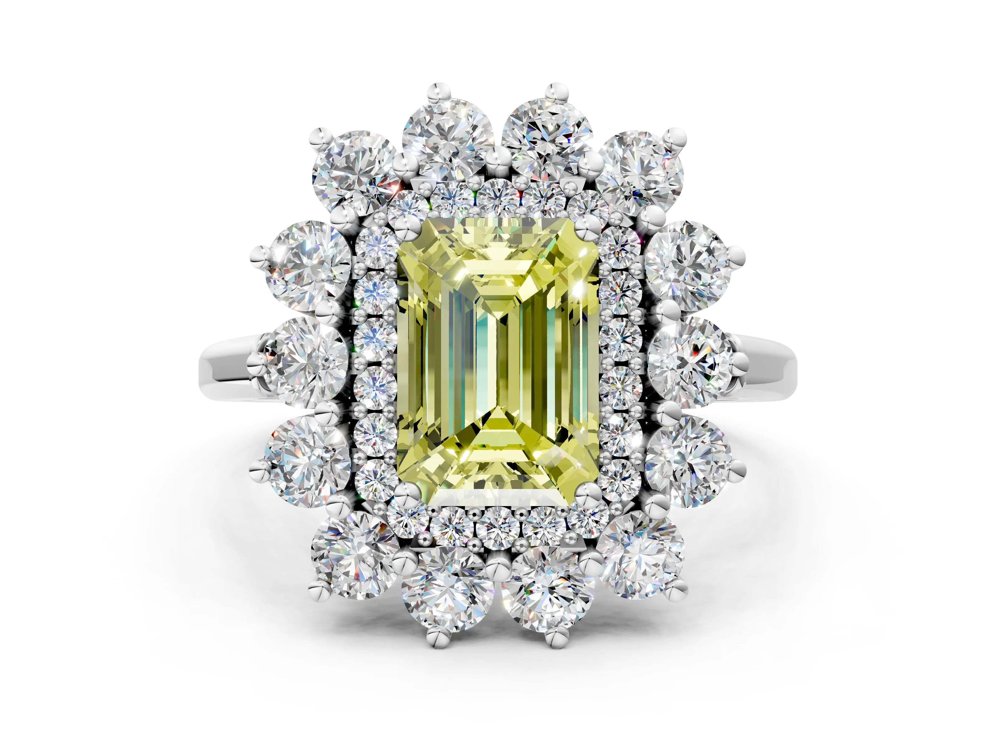 White gold Fancy Yellow Emerald Cut Halo Cluster Diamond Ring with Pave Band and Four-Prong Setting_12