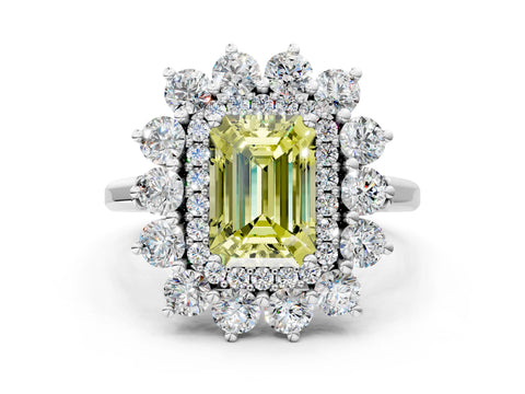 White gold Fancy Yellow Emerald Cut Halo Cluster Diamond Ring with Pave Band and Four-Prong Setting_12