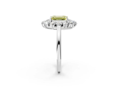 White gold Fancy Yellow Emerald Cut Halo Cluster Diamond Ring with Pave Band and Four-Prong Setting_14