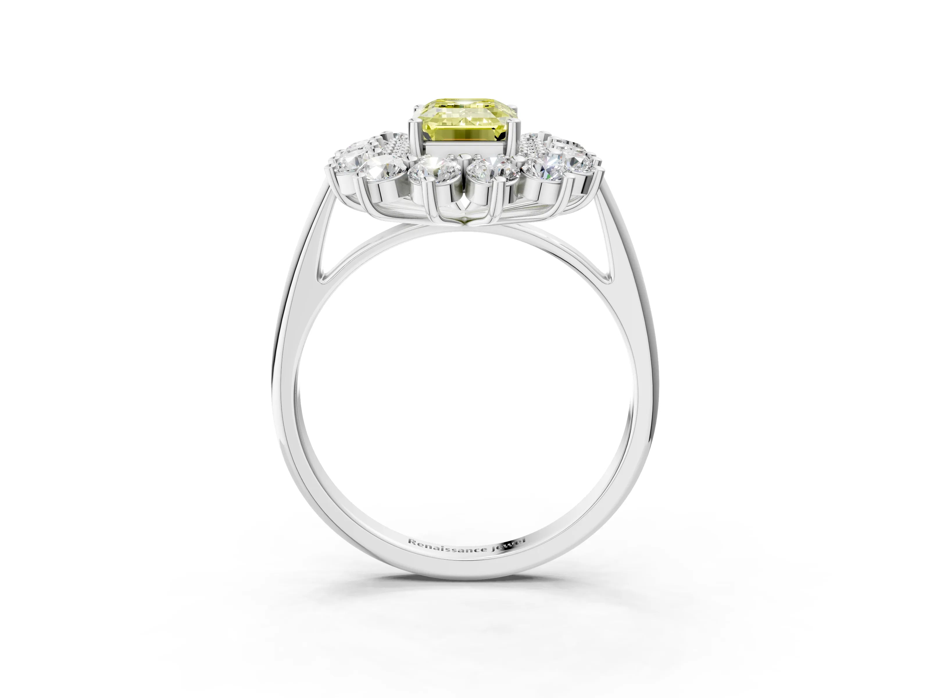 White gold Fancy Yellow Emerald Cut Halo Cluster Diamond Ring with Pave Band and Four-Prong Setting_15