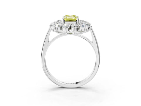 White gold Fancy Yellow Emerald Cut Halo Cluster Diamond Ring with Pave Band and Four-Prong Setting_15