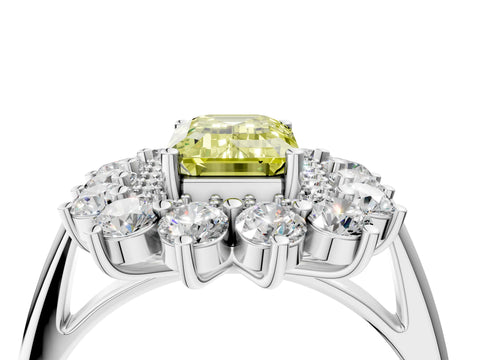 White gold Fancy Yellow Emerald Cut Halo Cluster Diamond Ring with Pave Band and Four-Prong Setting_16