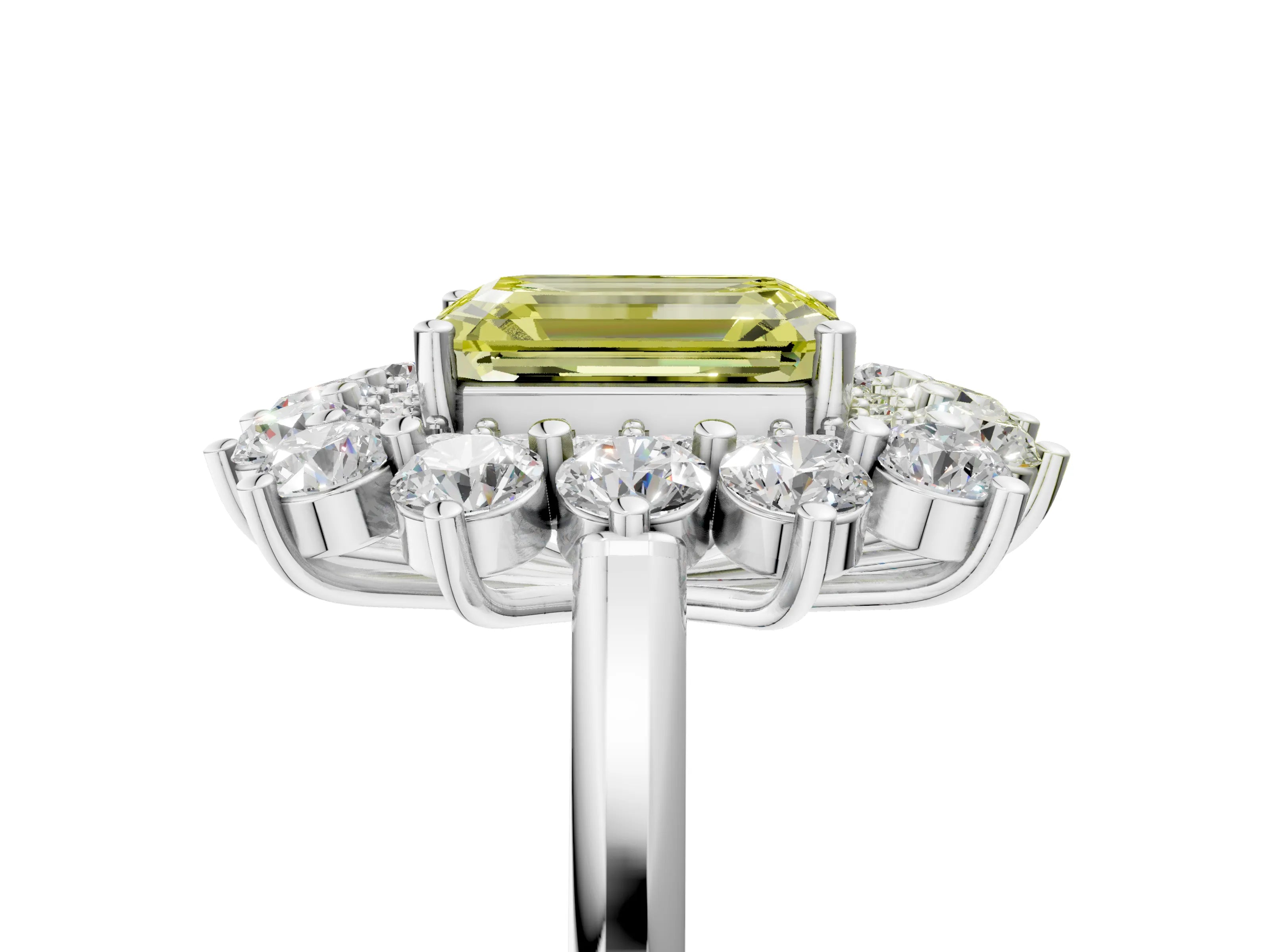 White gold Fancy Yellow Emerald Cut Halo Cluster Diamond Ring with Pave Band and Four-Prong Setting_17