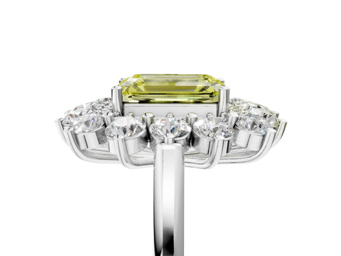 White gold Fancy Yellow Emerald Cut Halo Cluster Diamond Ring with Pave Band and Four-Prong Setting_17