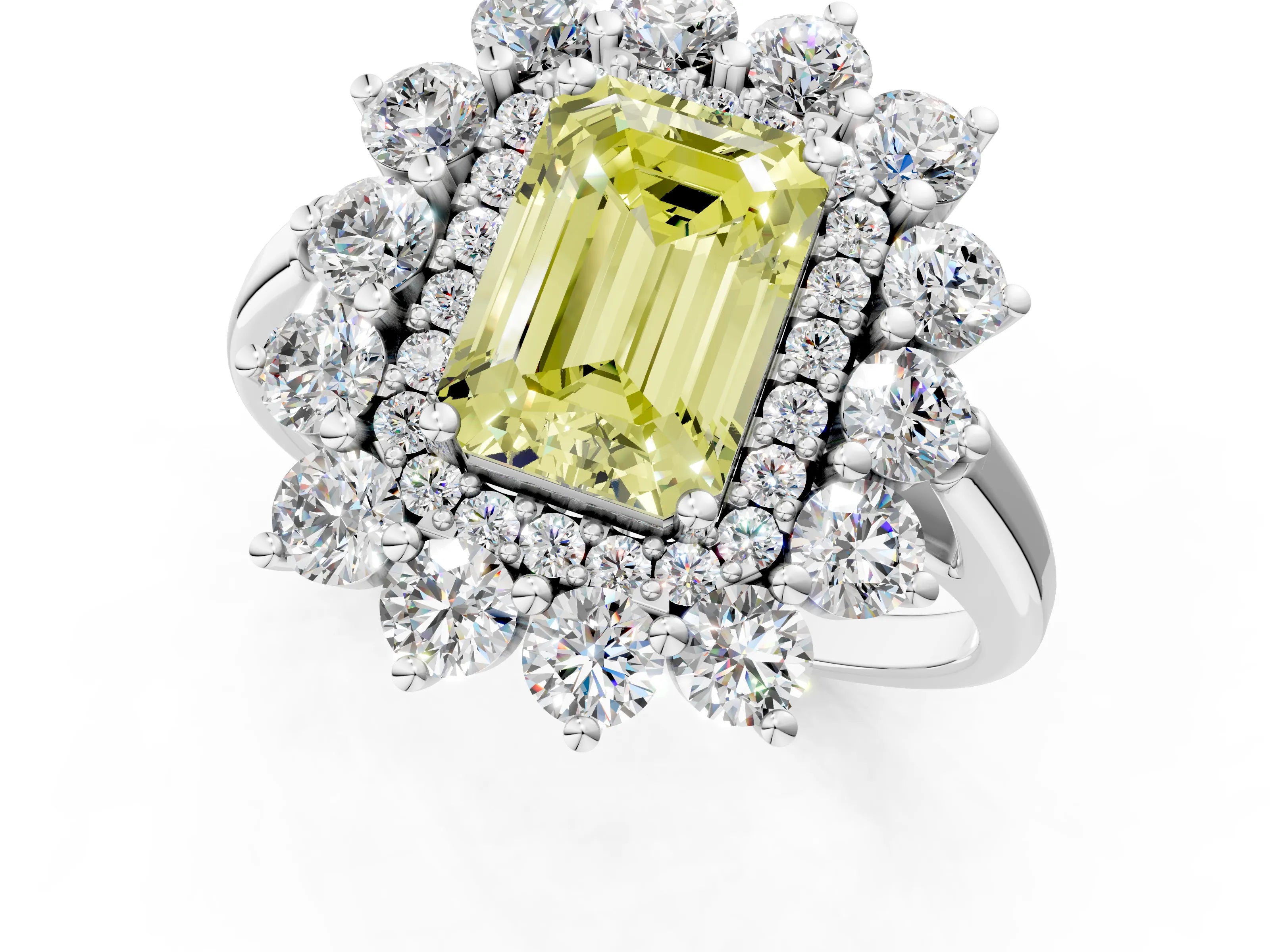 White gold Fancy Yellow Emerald Cut Halo Cluster Diamond Ring with Pave Band and Four-Prong Setting_1