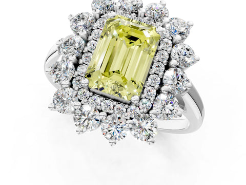 White gold Fancy Yellow Emerald Cut Halo Cluster Diamond Ring with Pave Band and Four-Prong Setting_1