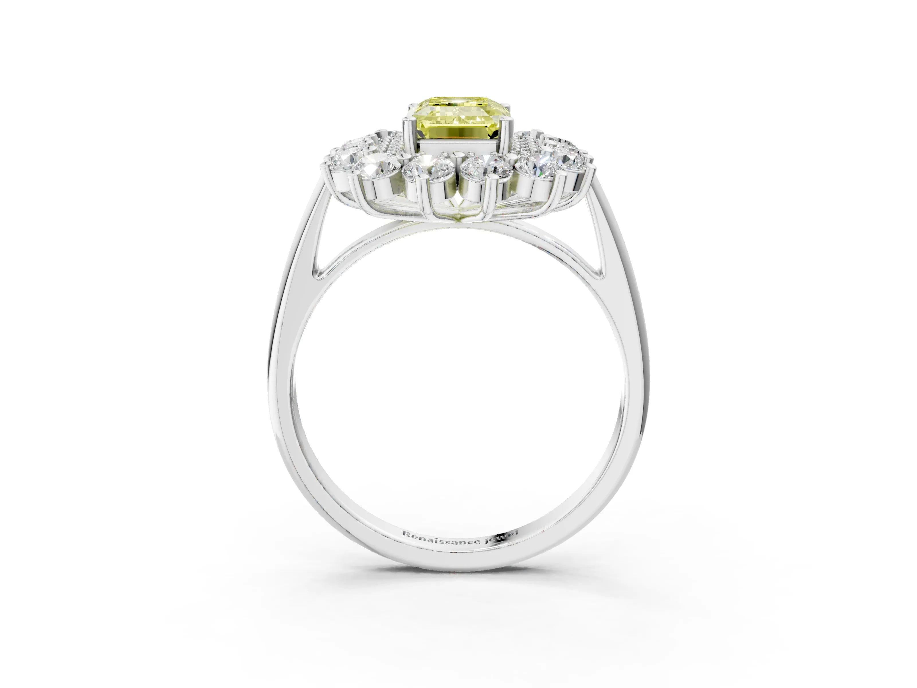 White gold Fancy Yellow Emerald Cut Halo Cluster Diamond Ring with Pave Band and Four-Prong Setting_3
