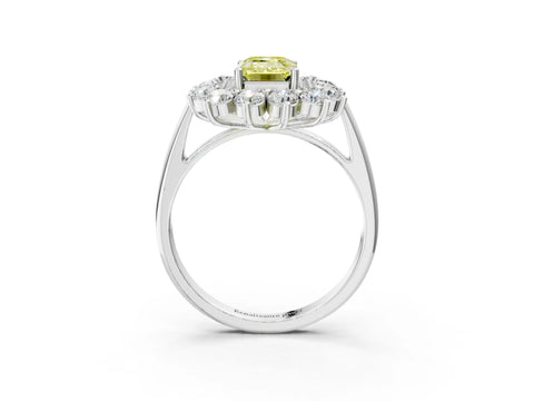 White gold Fancy Yellow Emerald Cut Halo Cluster Diamond Ring with Pave Band and Four-Prong Setting_3