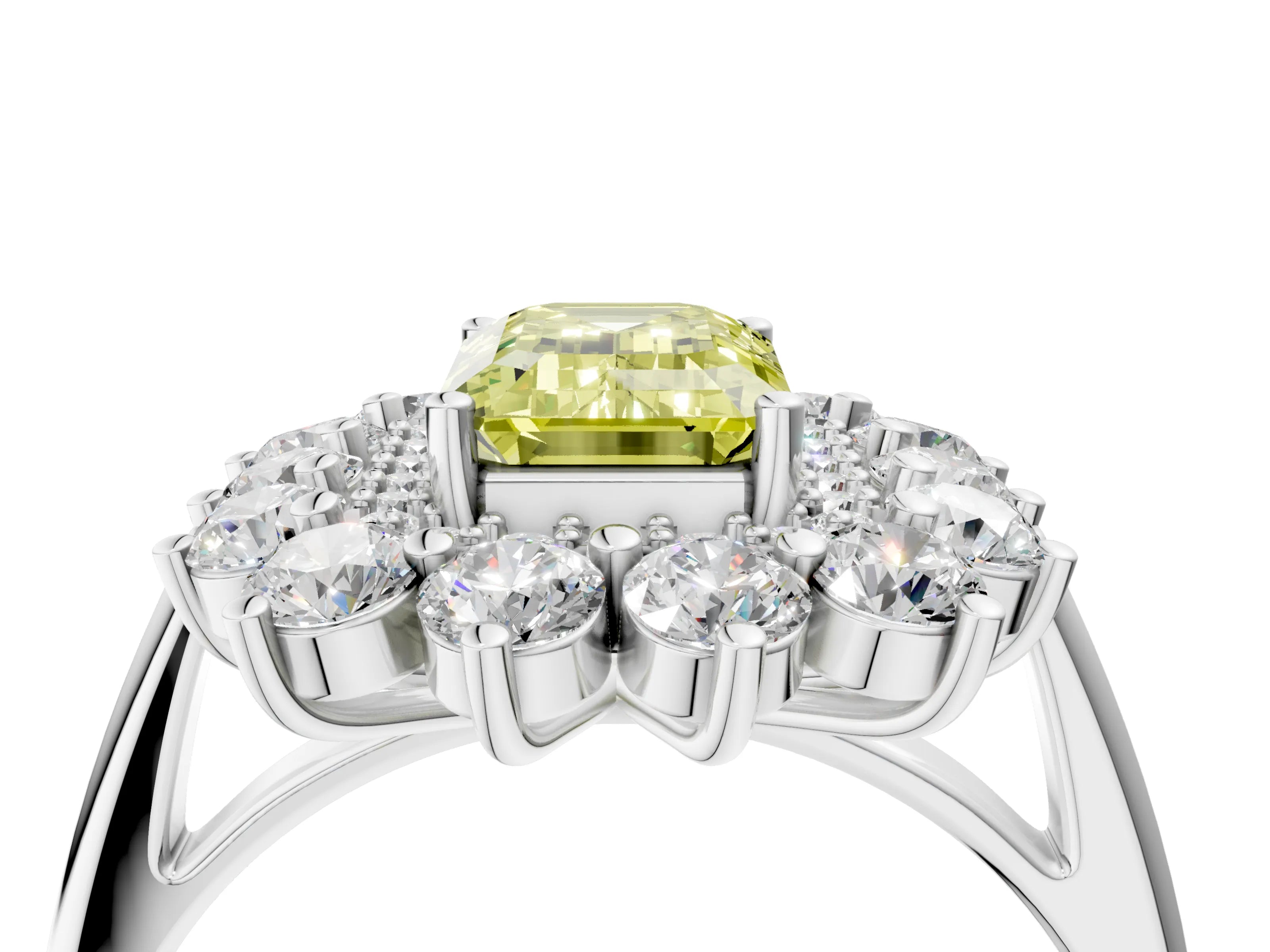 White gold Fancy Yellow Emerald Cut Halo Cluster Diamond Ring with Pave Band and Four-Prong Setting_4