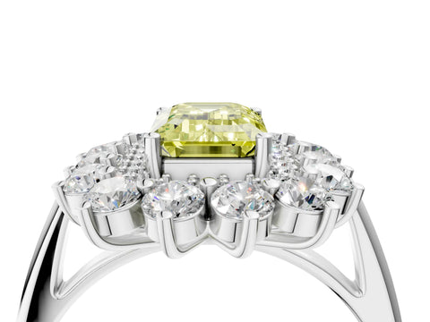 White gold Fancy Yellow Emerald Cut Halo Cluster Diamond Ring with Pave Band and Four-Prong Setting_4