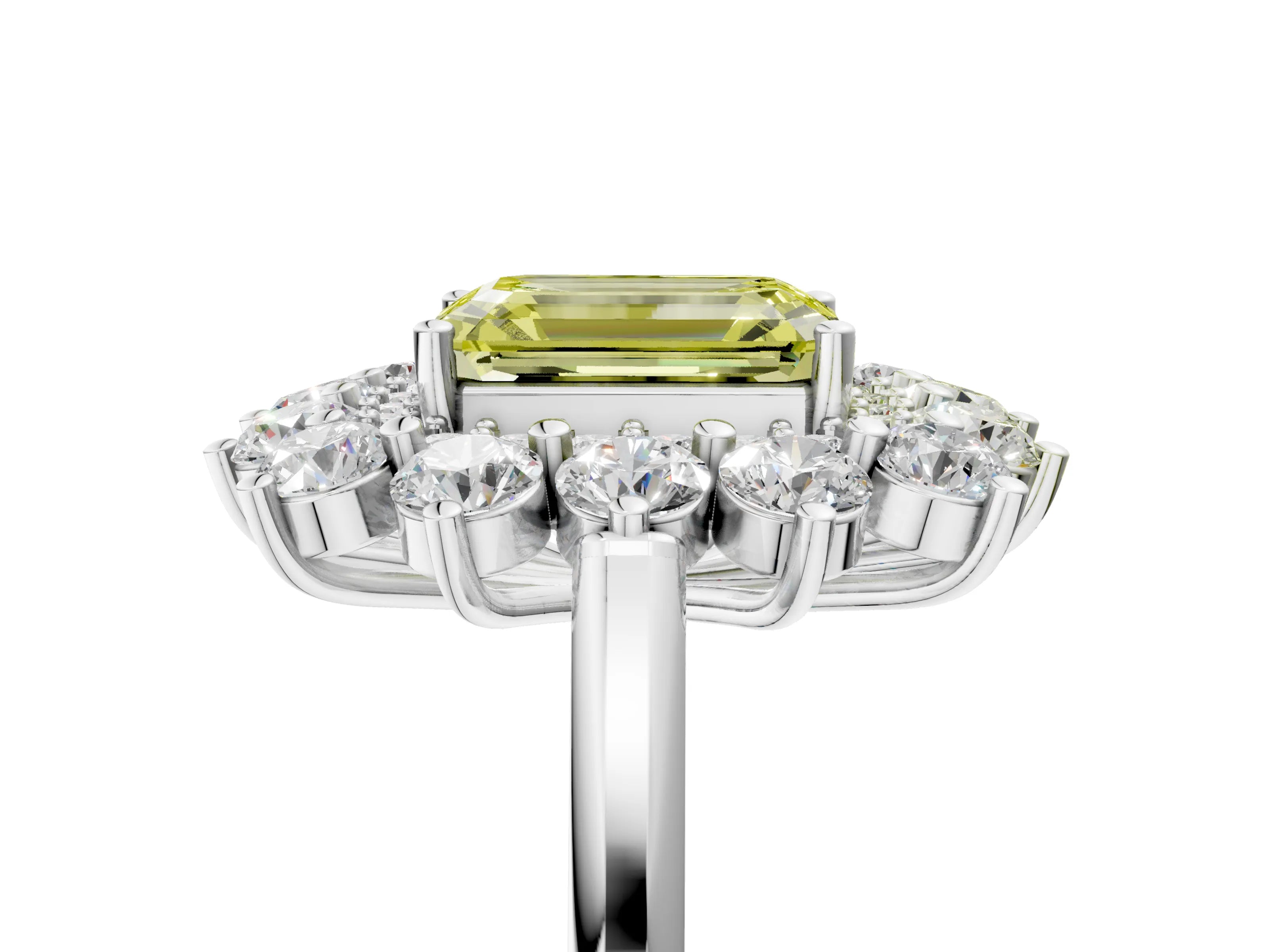 White gold Fancy Yellow Emerald Cut Halo Cluster Diamond Ring with Pave Band and Four-Prong Setting_5