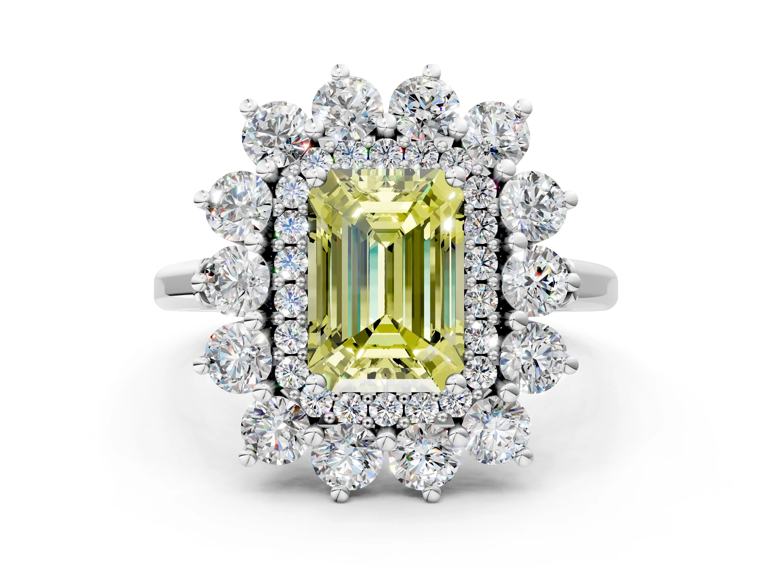 White gold Fancy Yellow Emerald Cut Halo Cluster Diamond Ring with Pave Band and Four-Prong Setting
