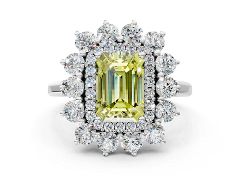 White gold Fancy Yellow Emerald Cut Halo Cluster Diamond Ring with Pave Band and Four-Prong Setting