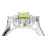 White gold Fancy Yellow Emerald Cut Halo Diamond Cluster Ring with Marquise and Round Stones on a White Gold Band with Prong Setting_4