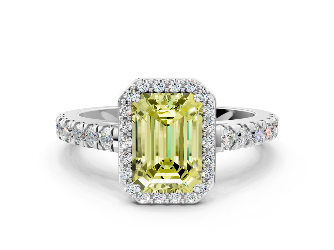 White gold Fancy Yellow Emerald  Cut Halo Diamond Engagement Ring with Pave Band and Four-Prong Setting_28