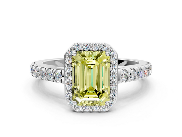 White gold Fancy Yellow Emerald  Cut Halo Diamond Engagement Ring with Pave Band and Four-Prong Setting