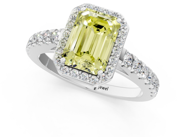 White gold Fancy Yellow Emerald  Cut Halo Diamond Engagement Ring with Pave Band and Four-Prong Setting