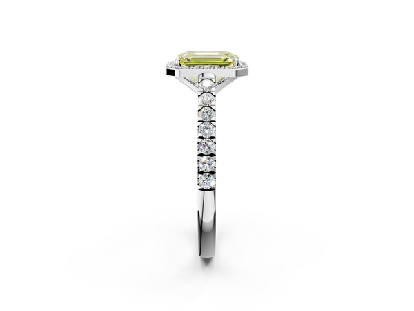 White gold Fancy Yellow Emerald  Cut Halo Diamond Engagement Ring with Pave Band and Four-Prong Setting