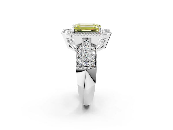 White gold Fancy Yellow Emerald Cut Halo Diamond Engagement Ring with Pave Split Shank and Four-Prong Setting