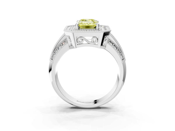 White gold Fancy Yellow Emerald Cut Halo Diamond Engagement Ring with Pave Split Shank and Four-Prong Setting