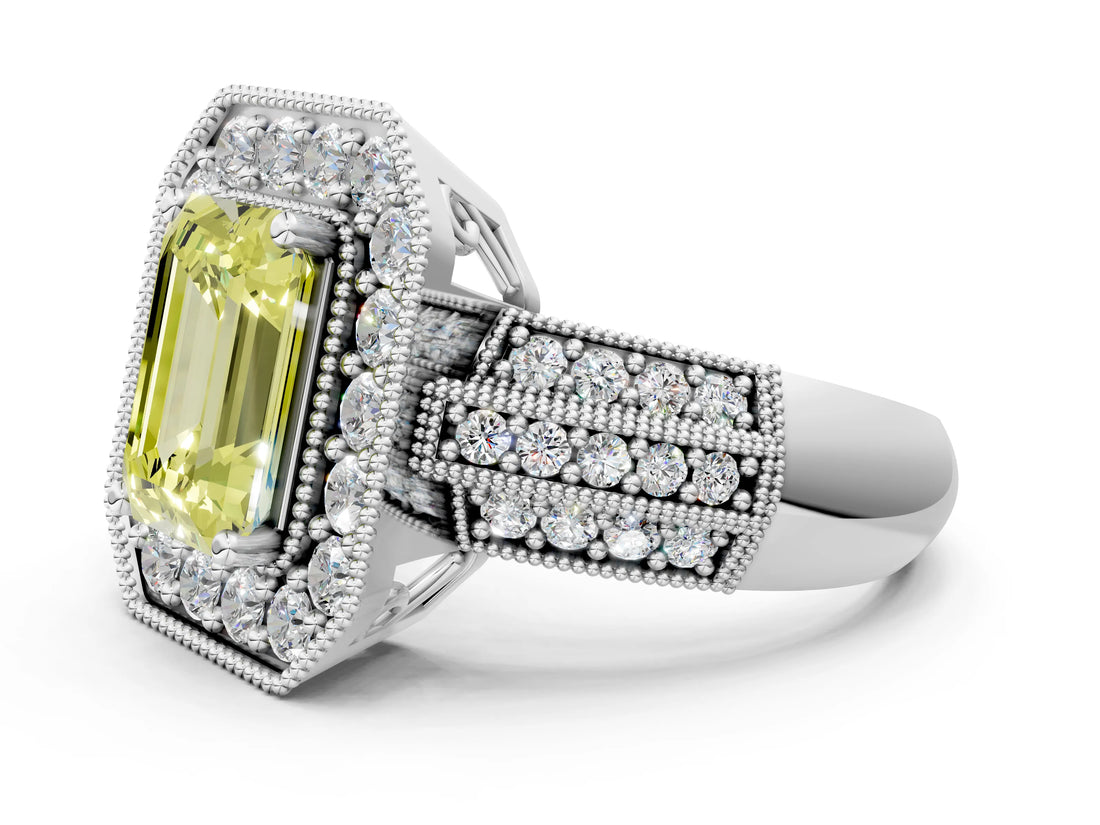 White gold Fancy Yellow Emerald Cut Halo Diamond Engagement Ring with Pave Split Shank and Four-Prong Setting