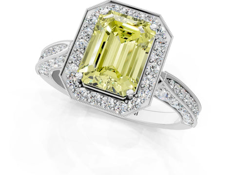 White gold Fancy Yellow Emerald Cut Halo Diamond Engagement Ring with Split Shank Band and Four-Prong Setting_1