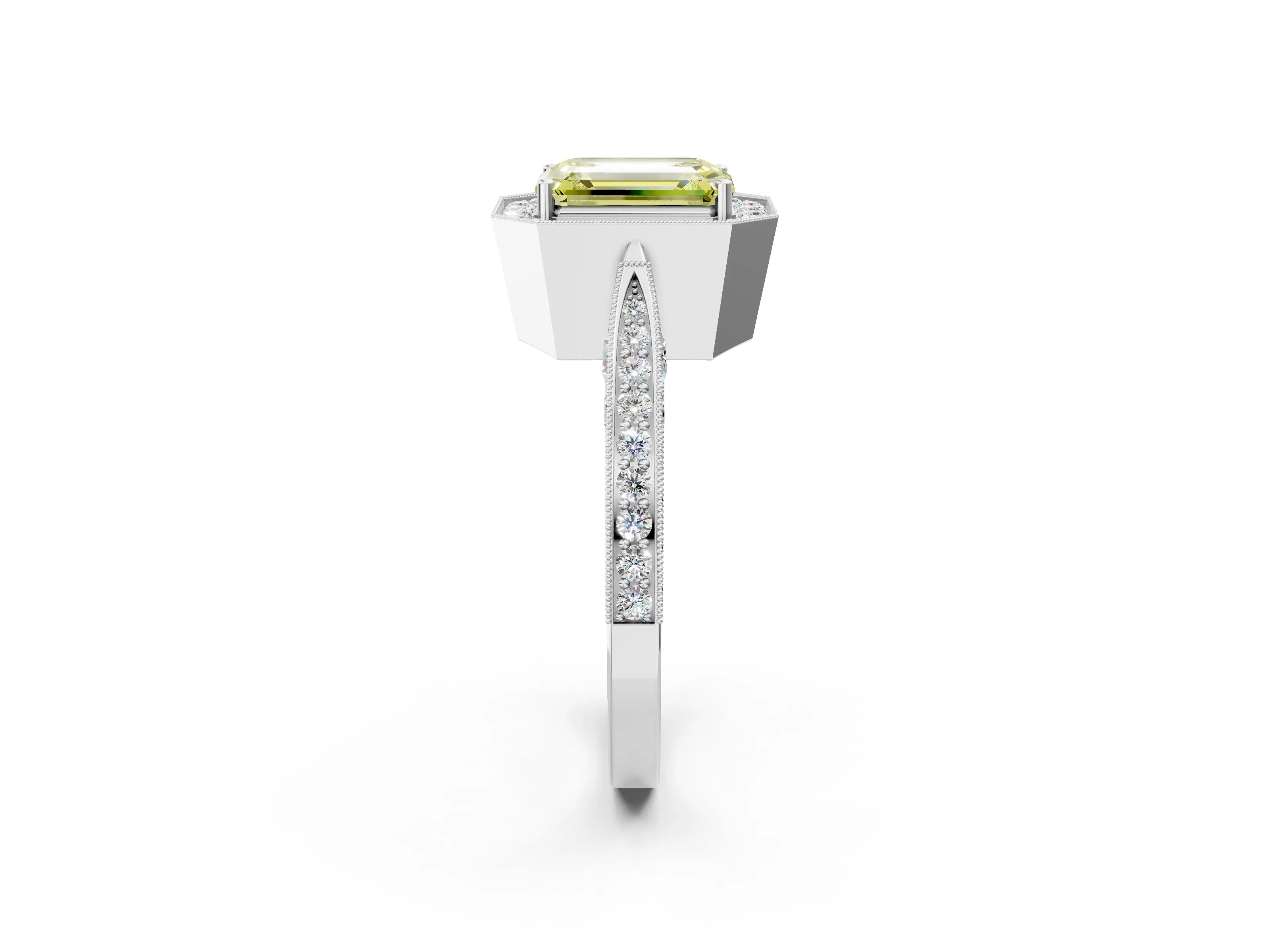 White gold Fancy Yellow Emerald Cut Halo Diamond Engagement Ring with Split Shank Band and Four-Prong Setting_2