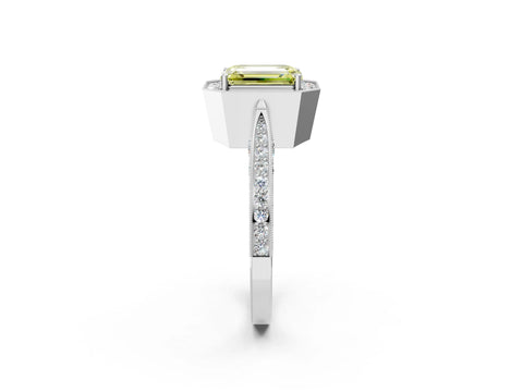 White gold Fancy Yellow Emerald Cut Halo Diamond Engagement Ring with Split Shank Band and Four-Prong Setting_2