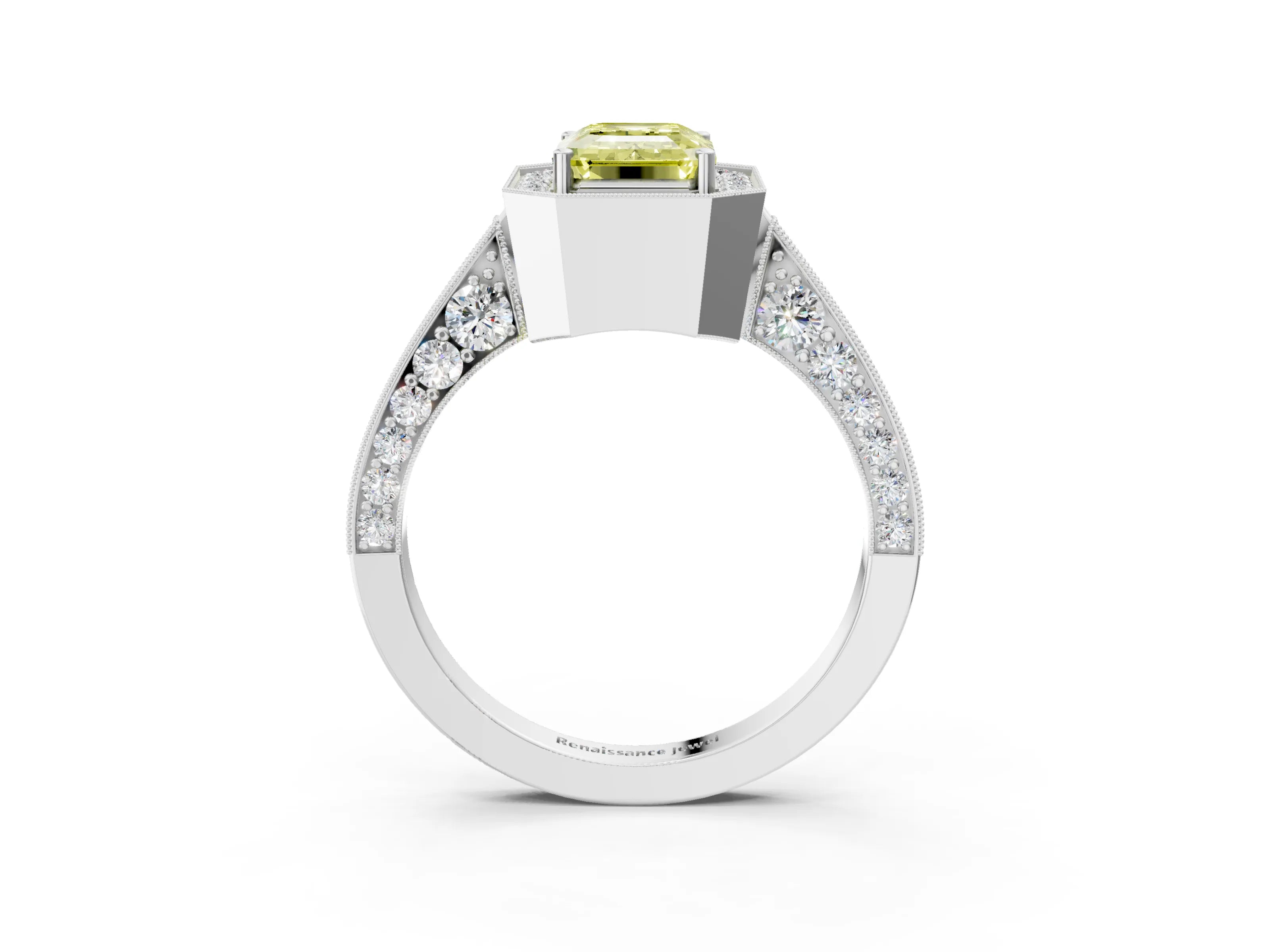 White gold Fancy Yellow Emerald Cut Halo Diamond Engagement Ring with Split Shank Band and Four-Prong Setting_3