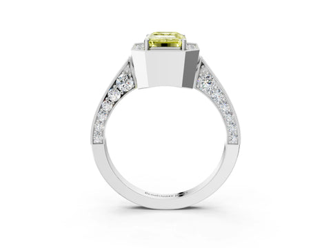 White gold Fancy Yellow Emerald Cut Halo Diamond Engagement Ring with Split Shank Band and Four-Prong Setting_3
