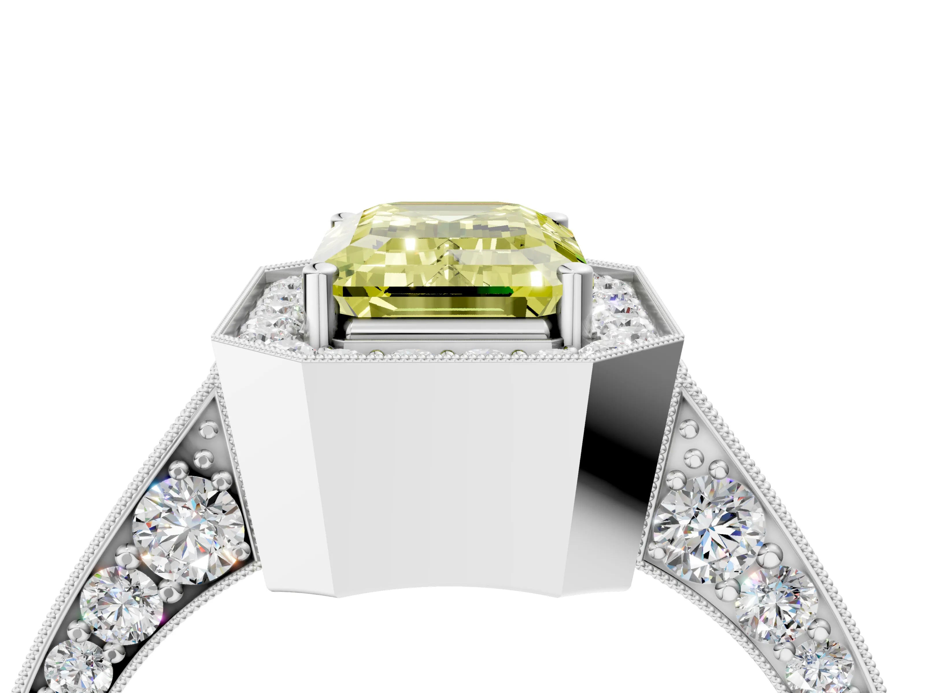 White gold Fancy Yellow Emerald Cut Halo Diamond Engagement Ring with Split Shank Band and Four-Prong Setting_4