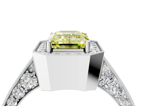 White gold Fancy Yellow Emerald Cut Halo Diamond Engagement Ring with Split Shank Band and Four-Prong Setting_4