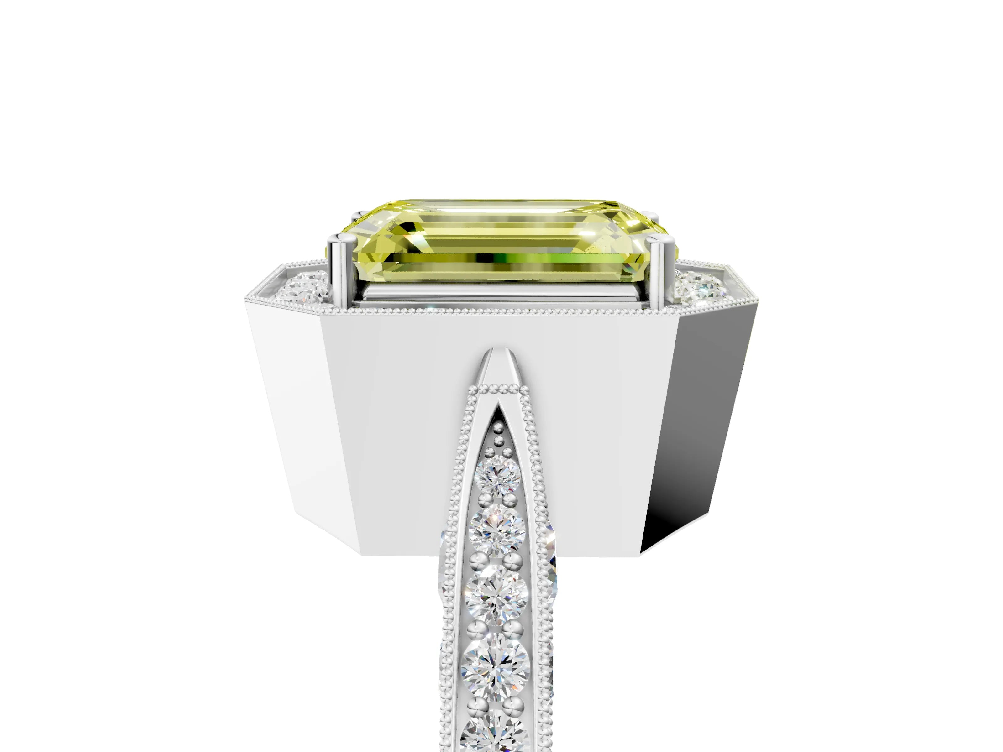 White gold Fancy Yellow Emerald Cut Halo Diamond Engagement Ring with Split Shank Band and Four-Prong Setting_5
