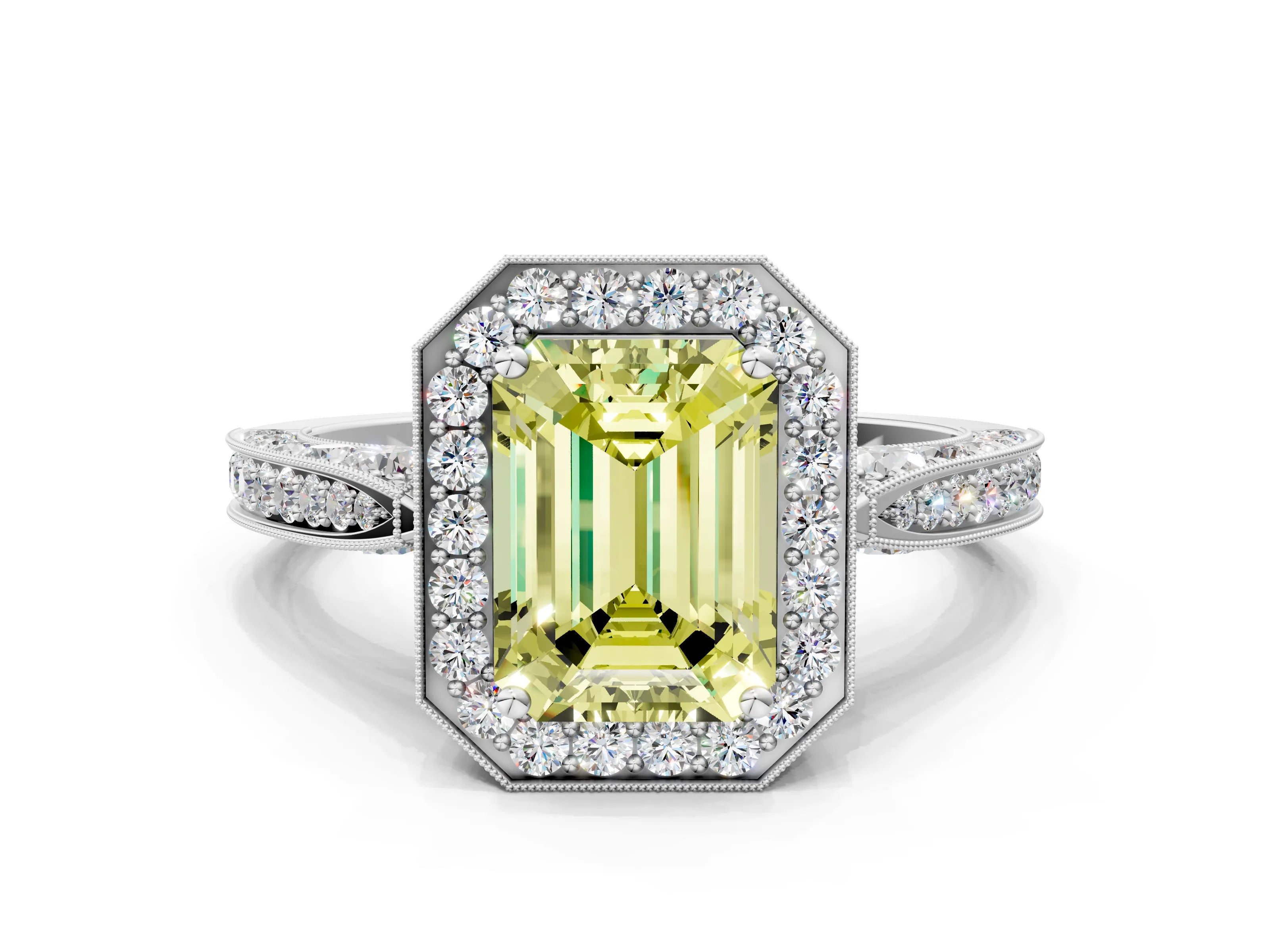 White gold Fancy Yellow Emerald Cut Halo Diamond Engagement Ring with Split Shank Band and Four-Prong Setting