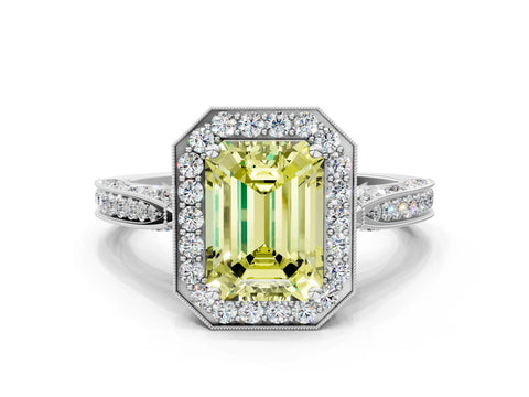 White gold Fancy Yellow Emerald Cut Halo Diamond Engagement Ring with Split Shank Band and Four-Prong Setting