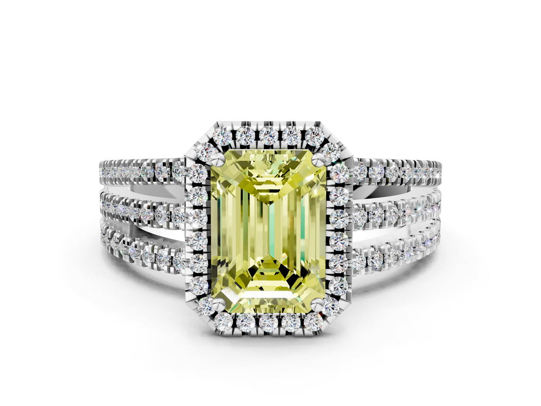 White gold Fancy Yellow Emerald  Cut Halo Diamond Engagement Ring with Split Shank and Four-Prong Setting_20