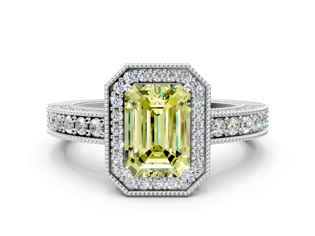 White gold Fancy Yellow Emerald  Cut Halo Diamond Pave Band Ring with Four-Prong Setting_81