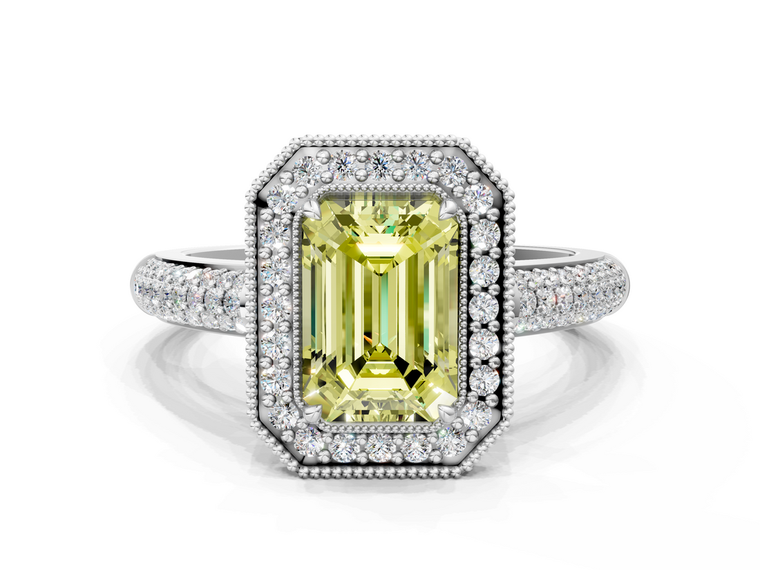 White gold Fancy Yellow Emerald  Cut Halo Diamond Pave Band with Four-Prong Setting_37