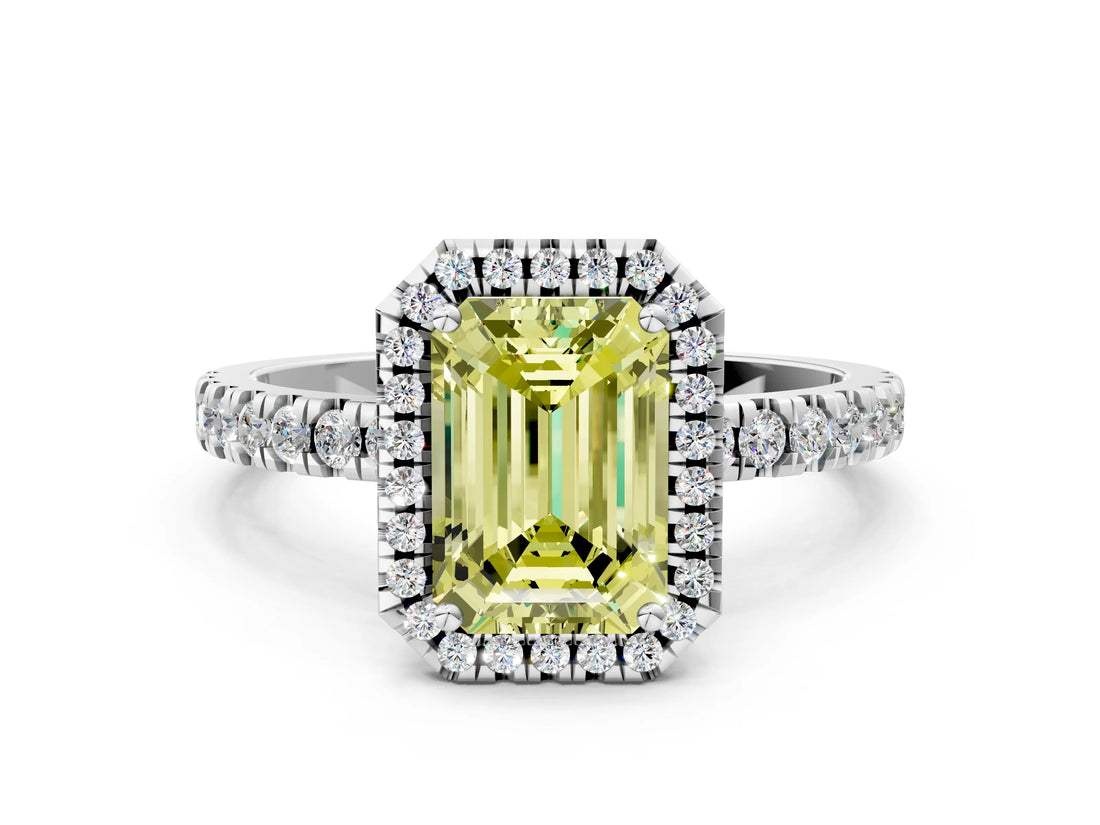 White gold Fancy Yellow Emerald Cut Halo Diamond Pave Band with Prong Setting_12