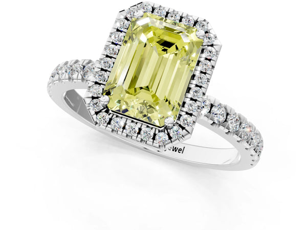Platinum Fancy Yellow Emerald Cut Halo Diamond Pave Band with Prong Setting