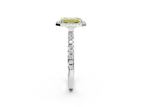 Platinum Fancy Yellow Emerald Cut Halo Diamond Pave Band with Prong Setting