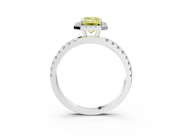 Platinum Fancy Yellow Emerald Cut Halo Diamond Pave Band with Prong Setting
